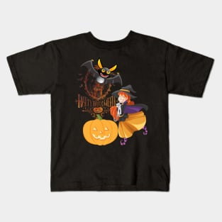 Happy Halloween Bat Witch and Pumpkin Kids T-Shirt